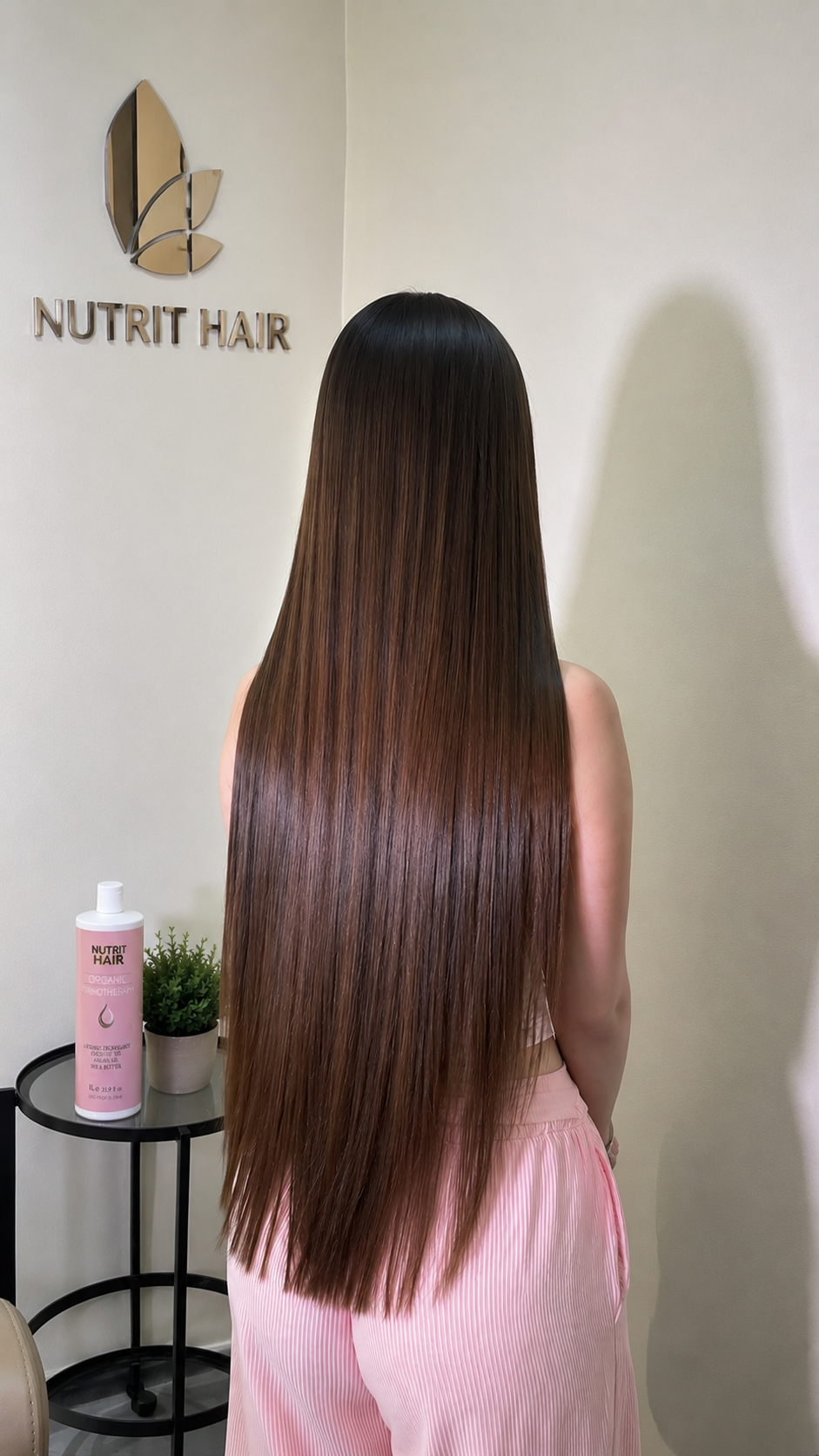 Cabelo longo, liso e espelhado após aplicação da progressiva orgânica Nutri Hair