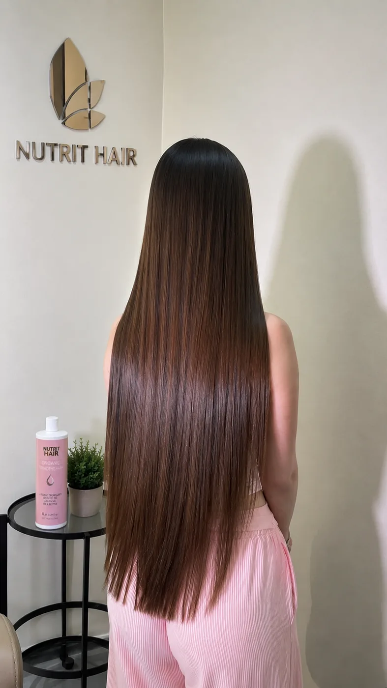 Cabelo longo, liso e espelhado após aplicação da progressiva orgânica Nutrt Hair